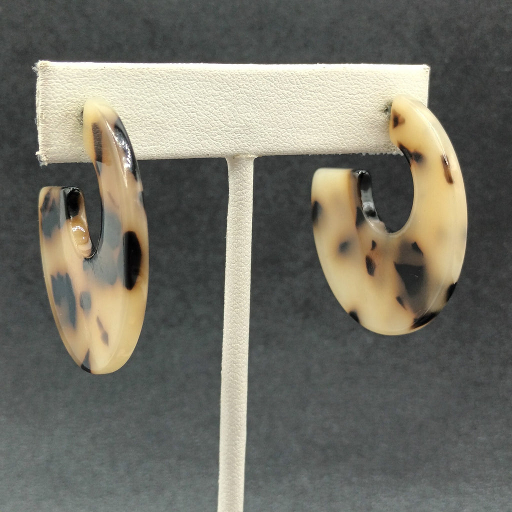 Pierced Earrings Brown Speckled Acrylic Wide Half Hoop Drop 1 5/8"