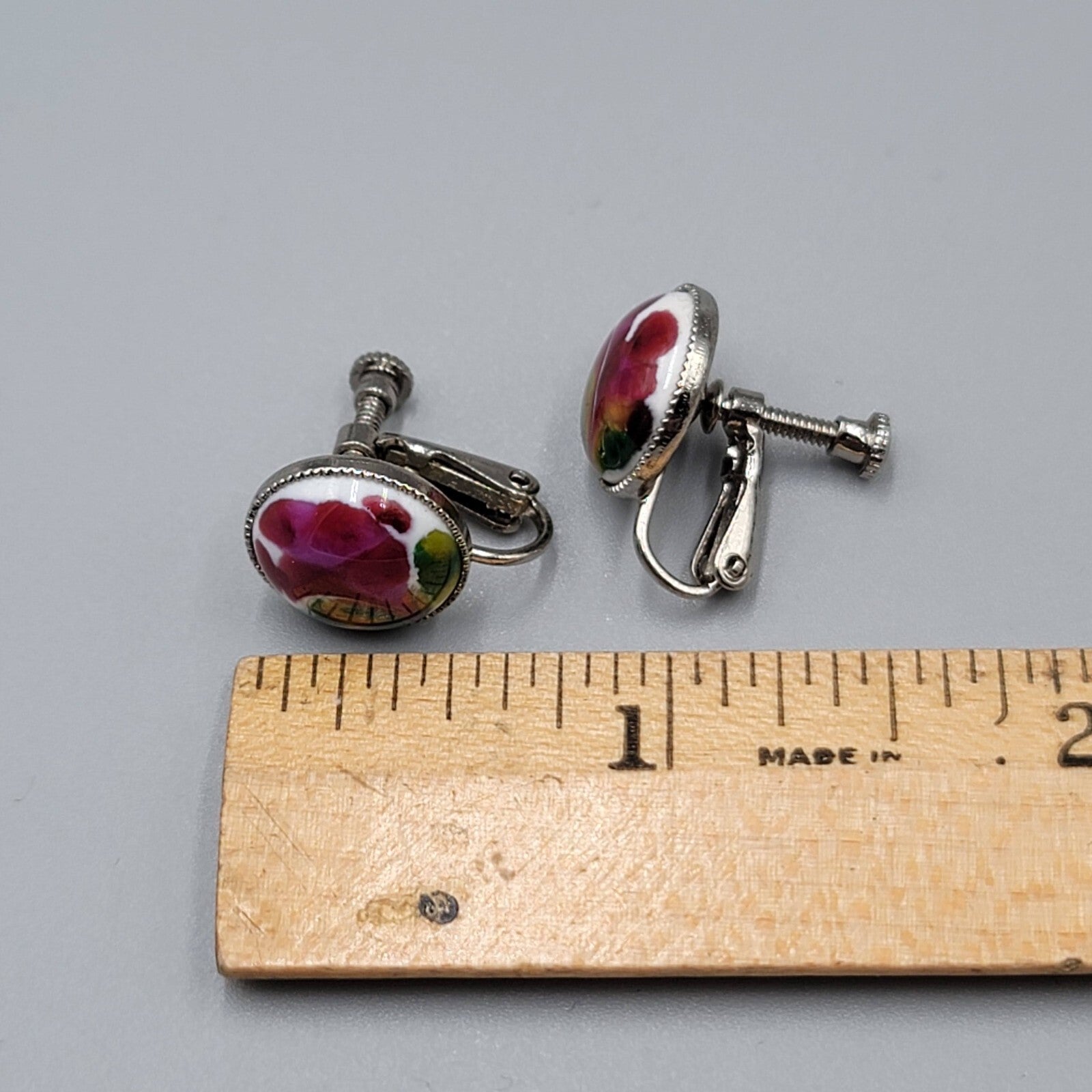 Vintage Clip on Earrings Silver tone Multicolor Glass Cabochon Round Studs 1/2"