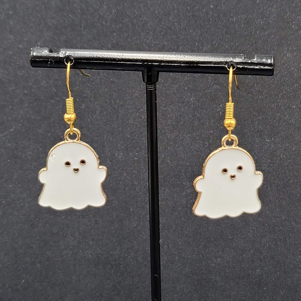 Ghost Halloween Pierced Earrings White Enamel Gold tone Enamel Dangle 3/4"