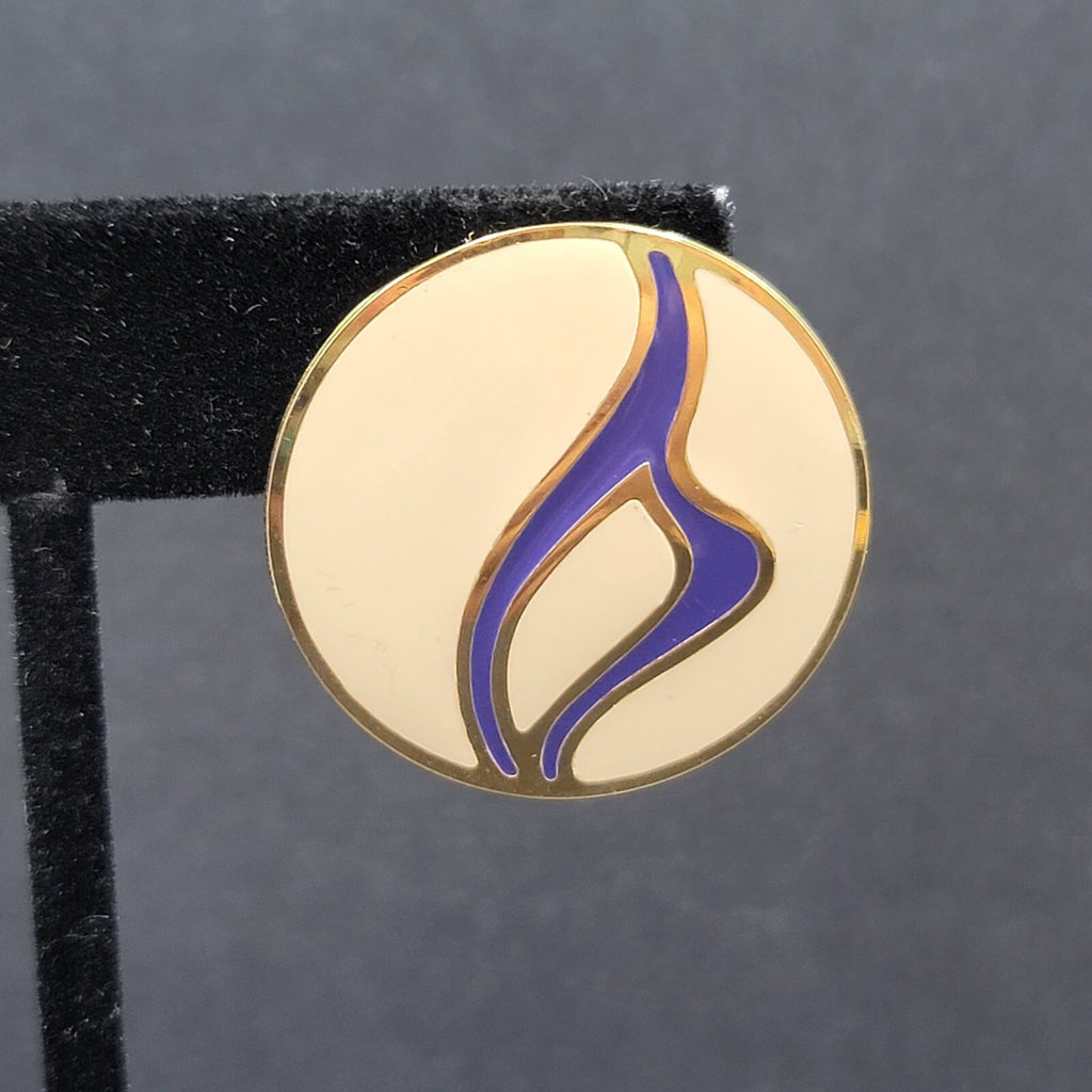 Vintage Pierced Earrings Gold tone Purple Tan Enamel Round Drop 1 1/8"