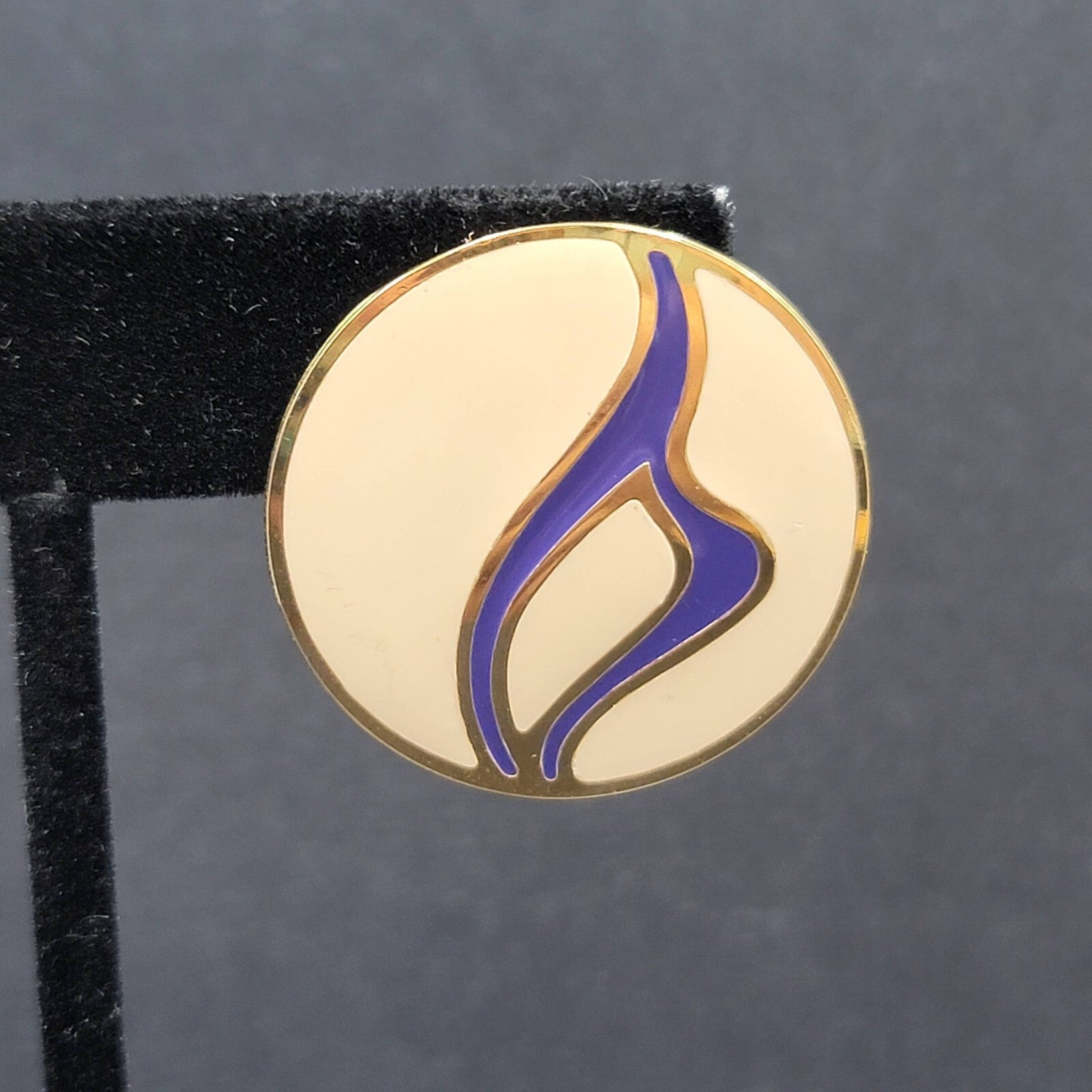 Vintage Pierced Earrings Gold tone Purple Tan Enamel Round Drop 1 1/8"