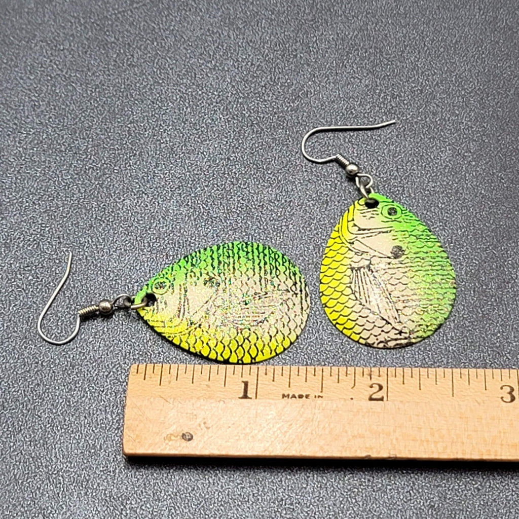 Fishing Lure Pierced Earrings Neon Green Yellow Teardrop Fish Dangle 1.5"