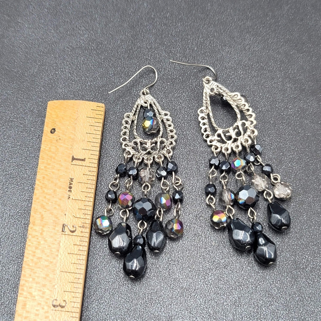 Pierced Earrings Silver tone Black AB Glass Beads Chandelier 3"