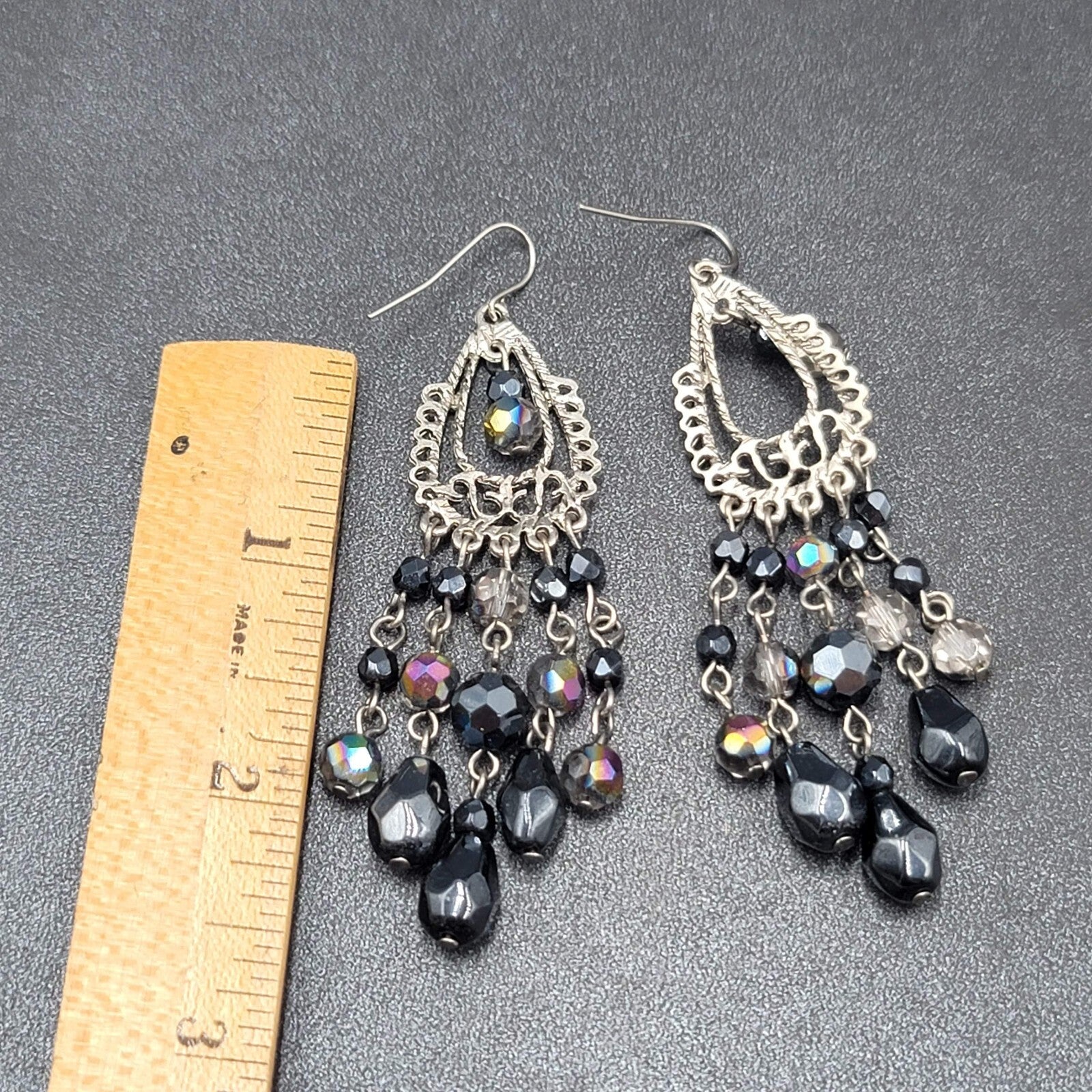 Pierced Earrings Silver tone Black AB Glass Beads Chandelier 3"