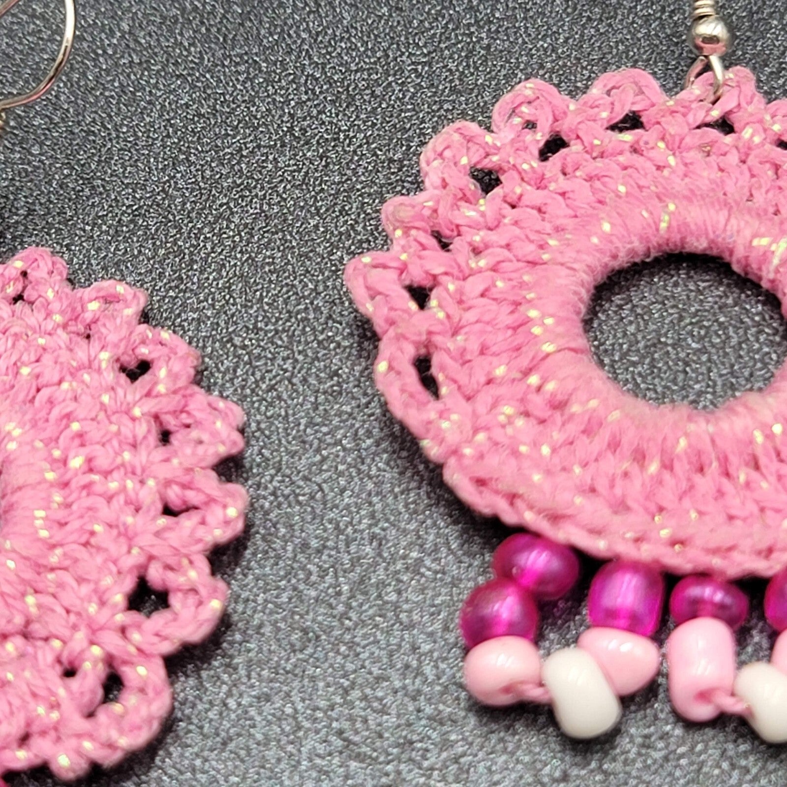 Pierced Earrings Pink Crochet Bead Dangle 1 7/8"
