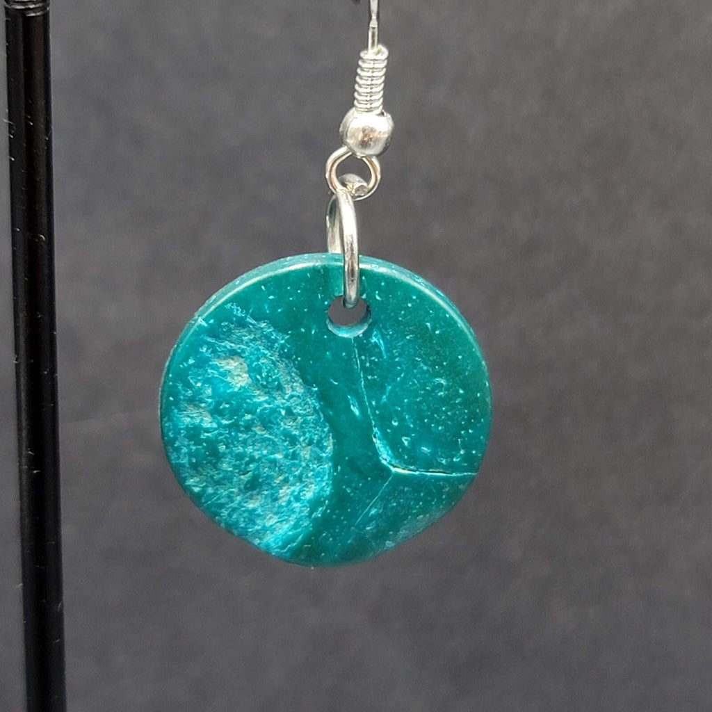 Pierced Earrings Teal Blue Coir Coconut Shell Round Dangle 3/4"