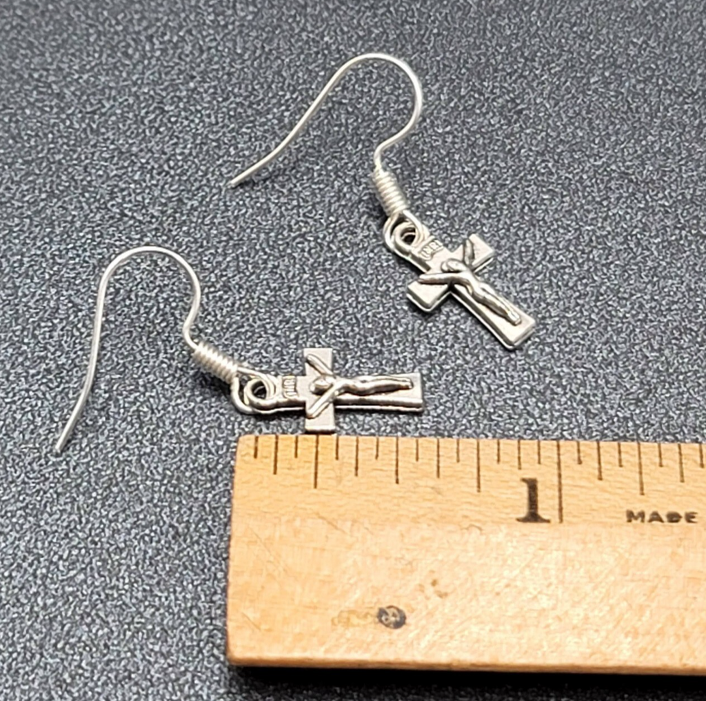 Pierced Earrings Tiny Dainty Crucifix Cross Dangle 5/8"
