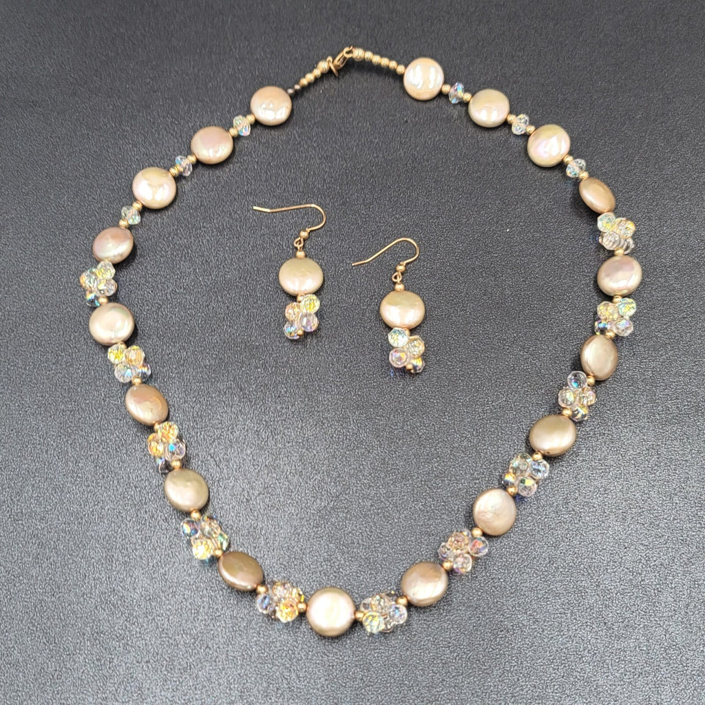 Pearl and Crystal Bead Necklace Pierced Earring Set