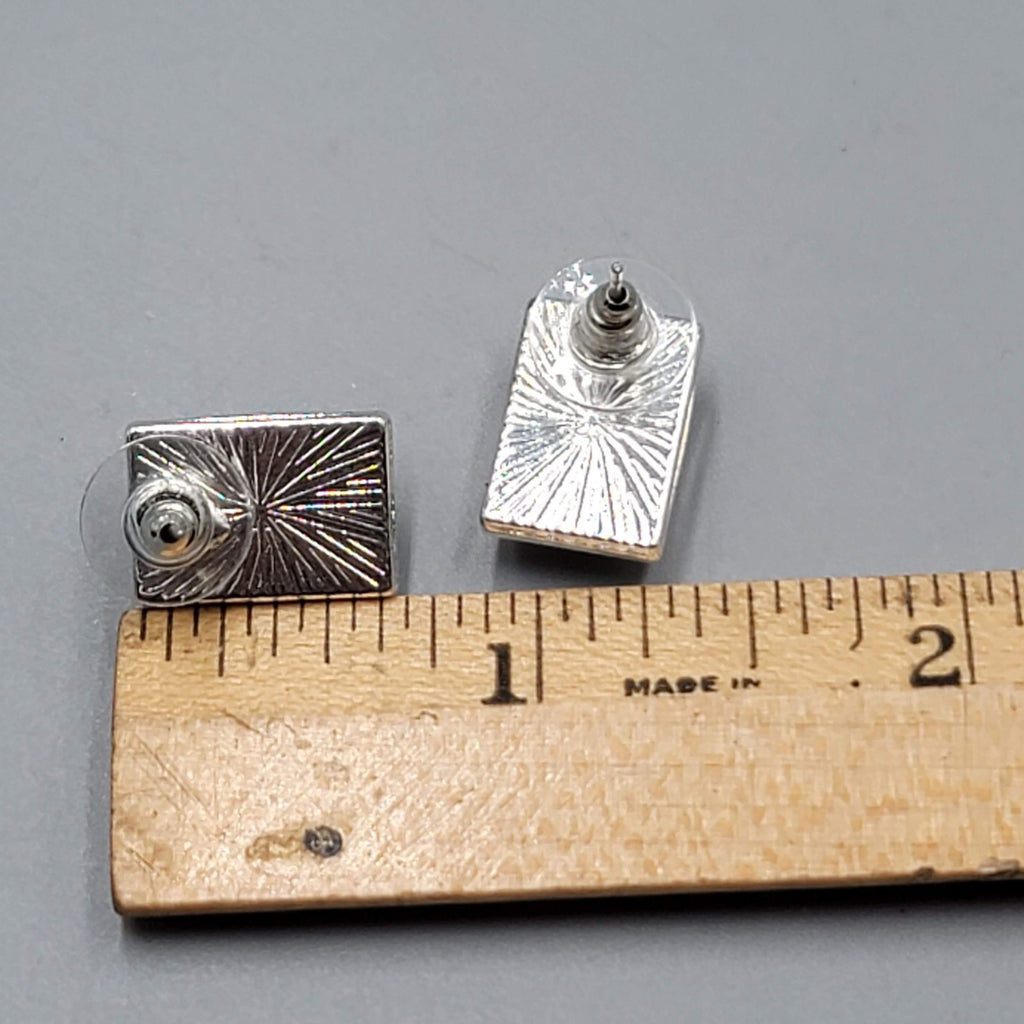 Silver  tone Drop Pierced Earrings Multicolor Striped Acrylic Rectangle 5/8"