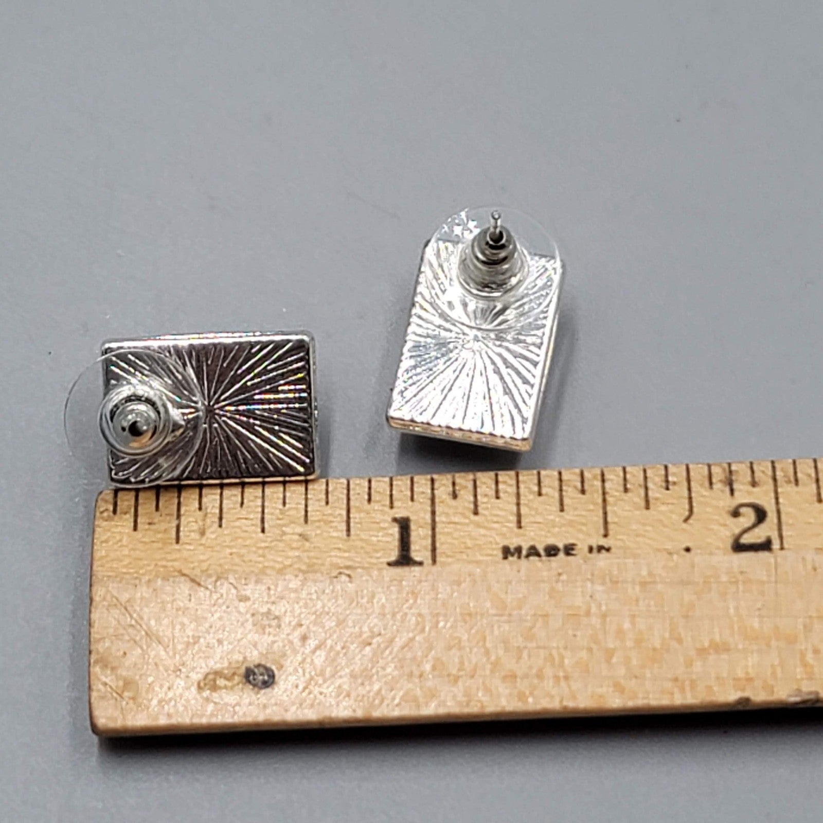 Silver  tone Drop Pierced Earrings Multicolor Striped Acrylic Rectangle 5/8"