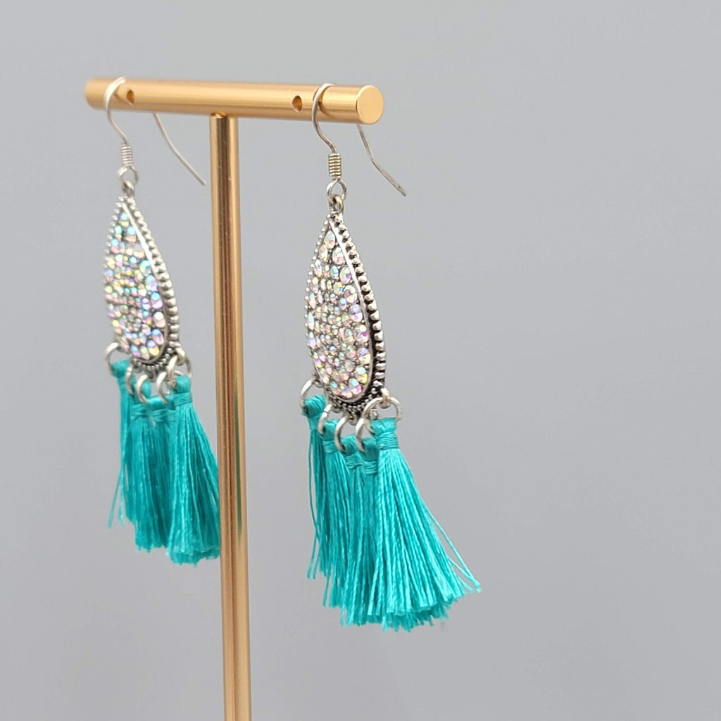 Teal Blue Tassel Rhinestone Pierced Earrings Silver tone Dangle 2.25"