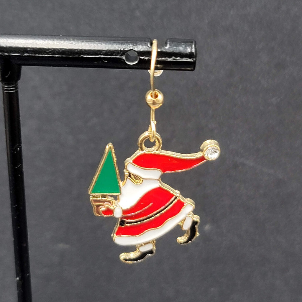 Christmas Pierced Earrings Santa Claus Gold tone Enamel Dangle 1"