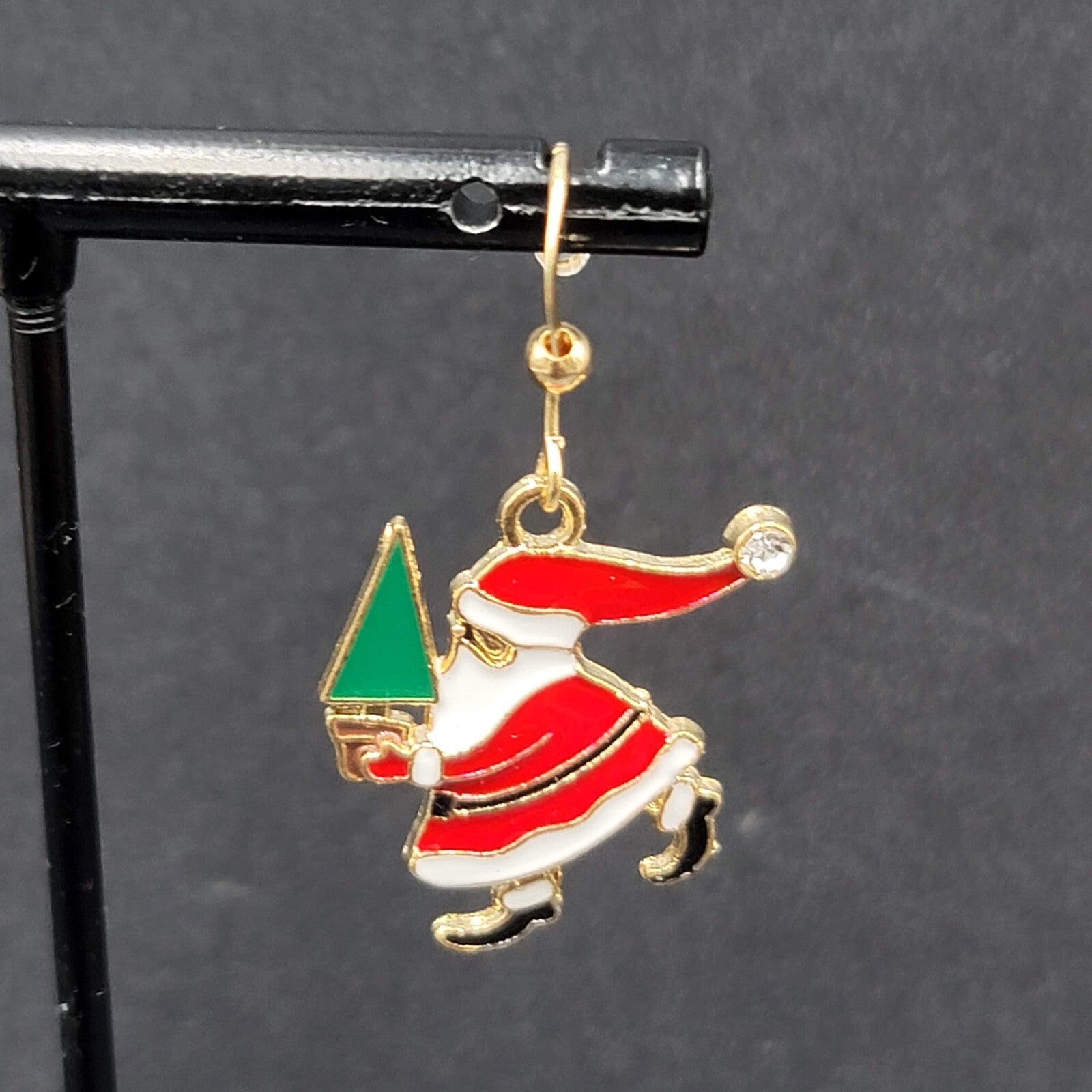 Christmas Pierced Earrings Santa Claus Gold tone Enamel Dangle 1"