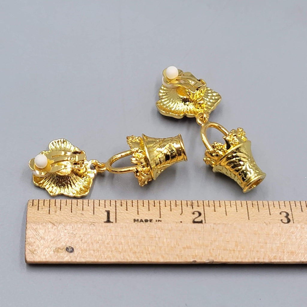 Vintage Pink Enamel Flower Clip on Earrings Gold tone Dangle Basket 1.75"