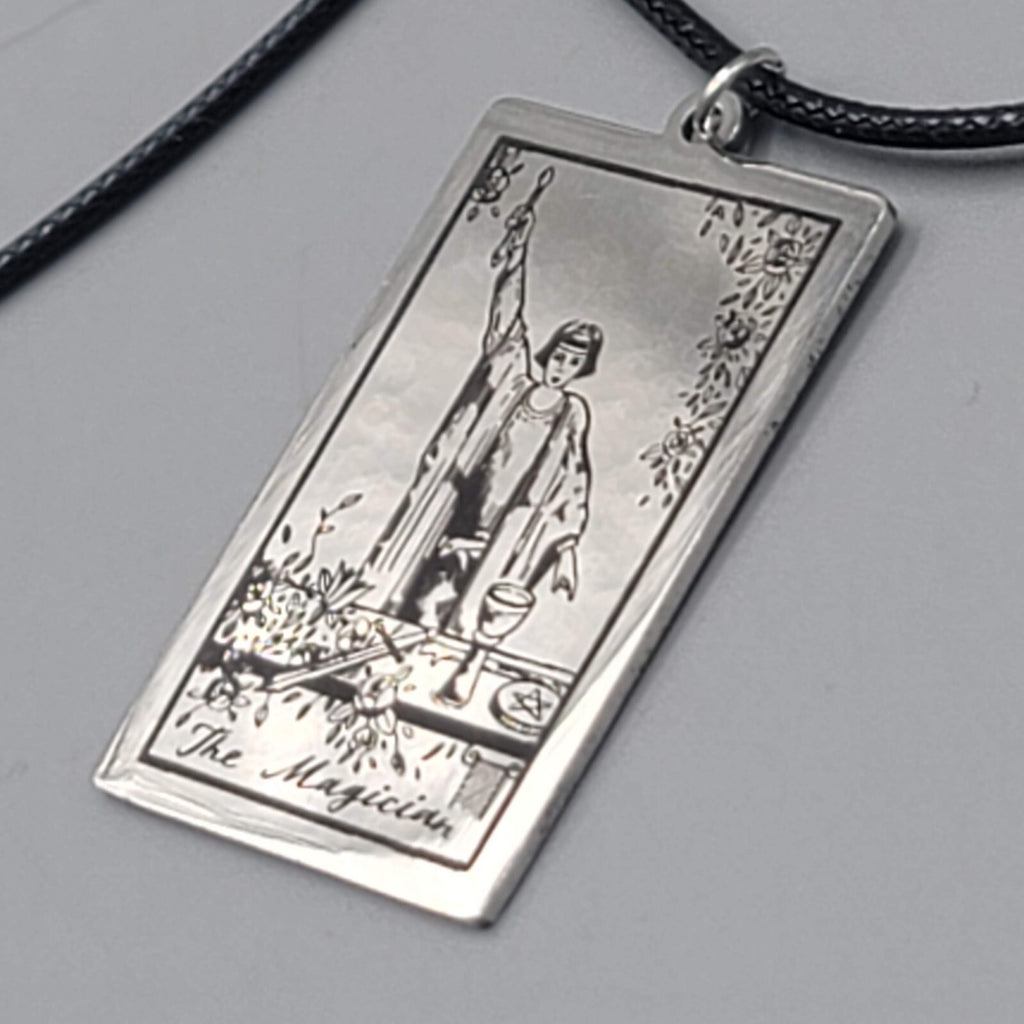 The MAGICIAN Tarot Card Pendant Necklace Major Arcana Silver tone Black Cord 18"