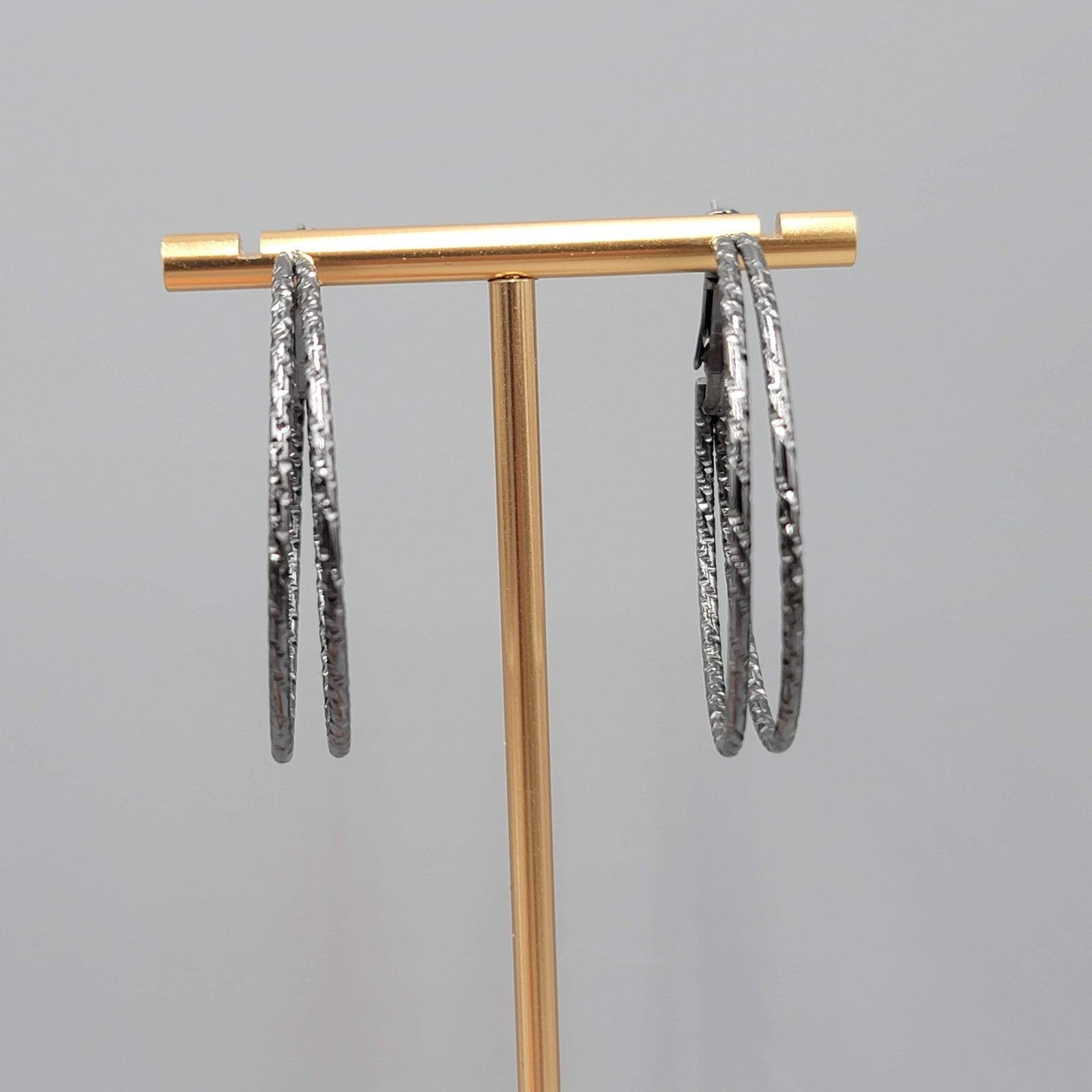 Double Hoop Pierced Earrings Black Textured Metal 1.75 in
