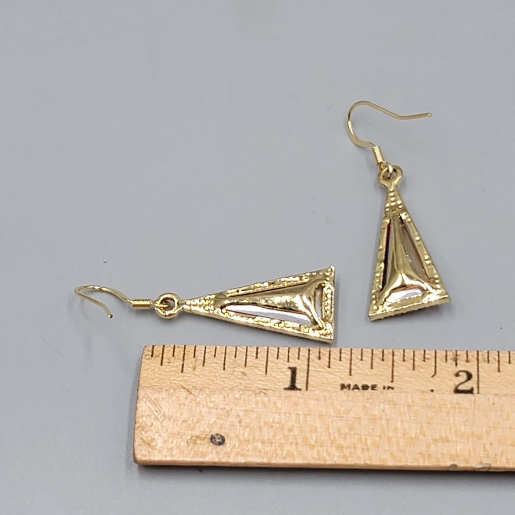 Red Rhinestone Triangle Pierced Earrings Gold tone Dangle 7/8"