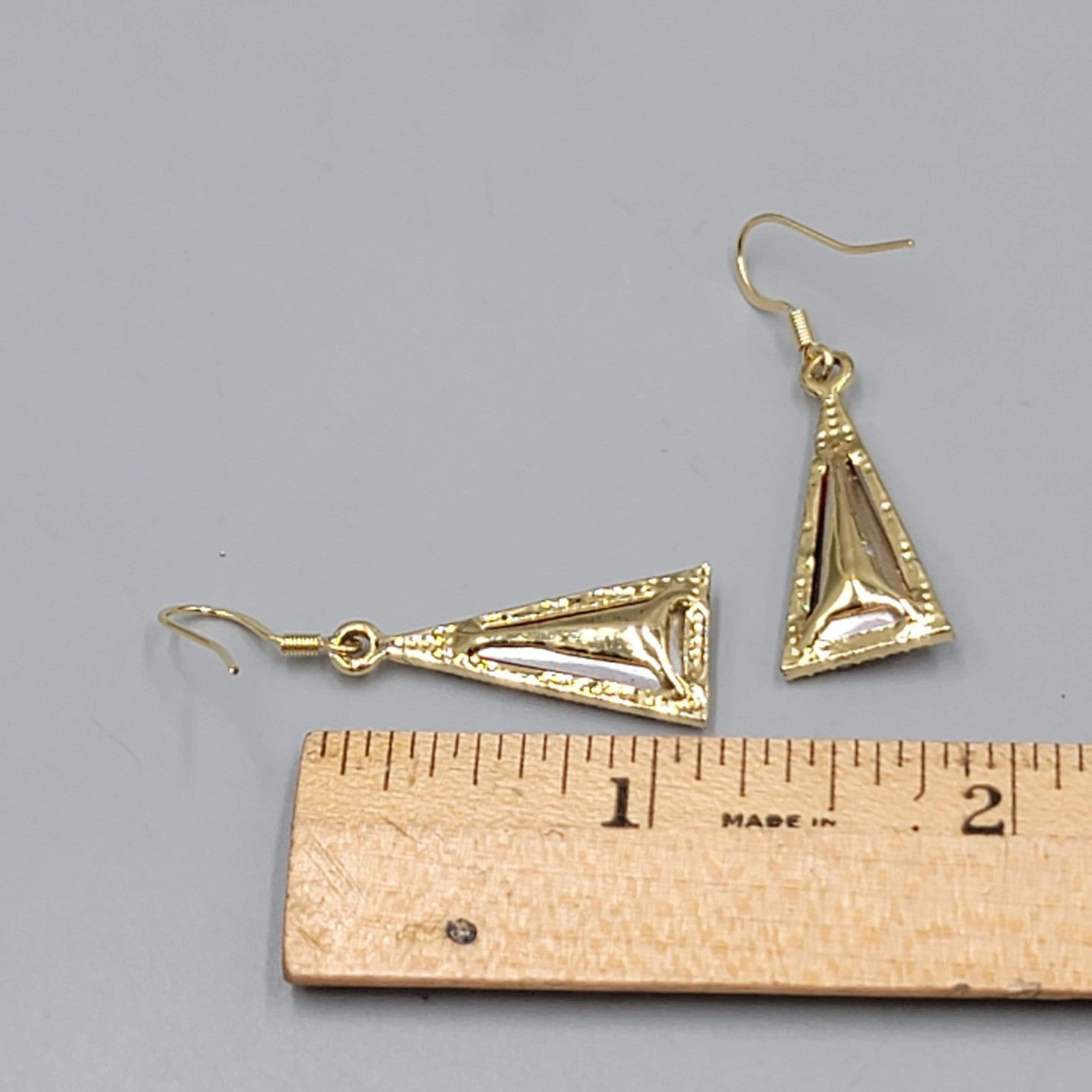 Red Rhinestone Triangle Pierced Earrings Gold tone Dangle 7/8"