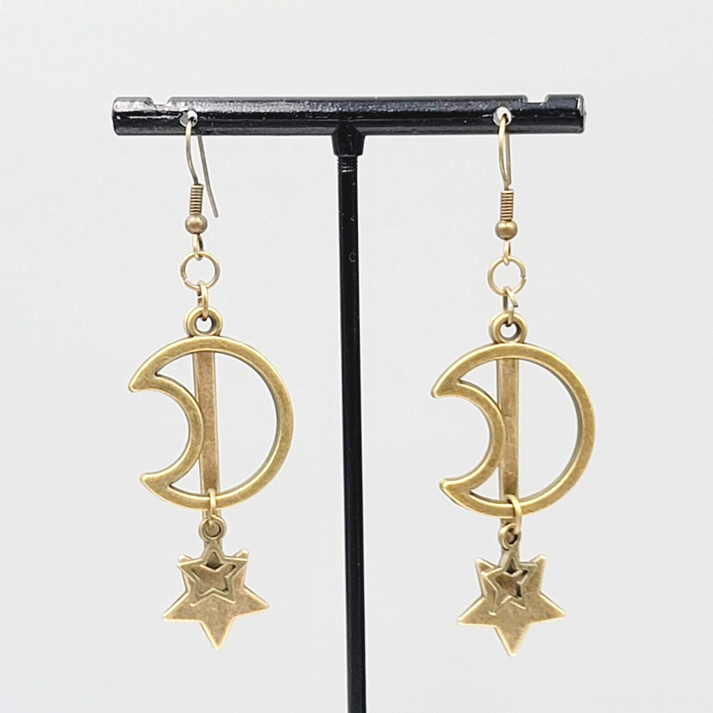 Open Work Moon Dangle Stars Pierced Earrings Bronze tone 2"