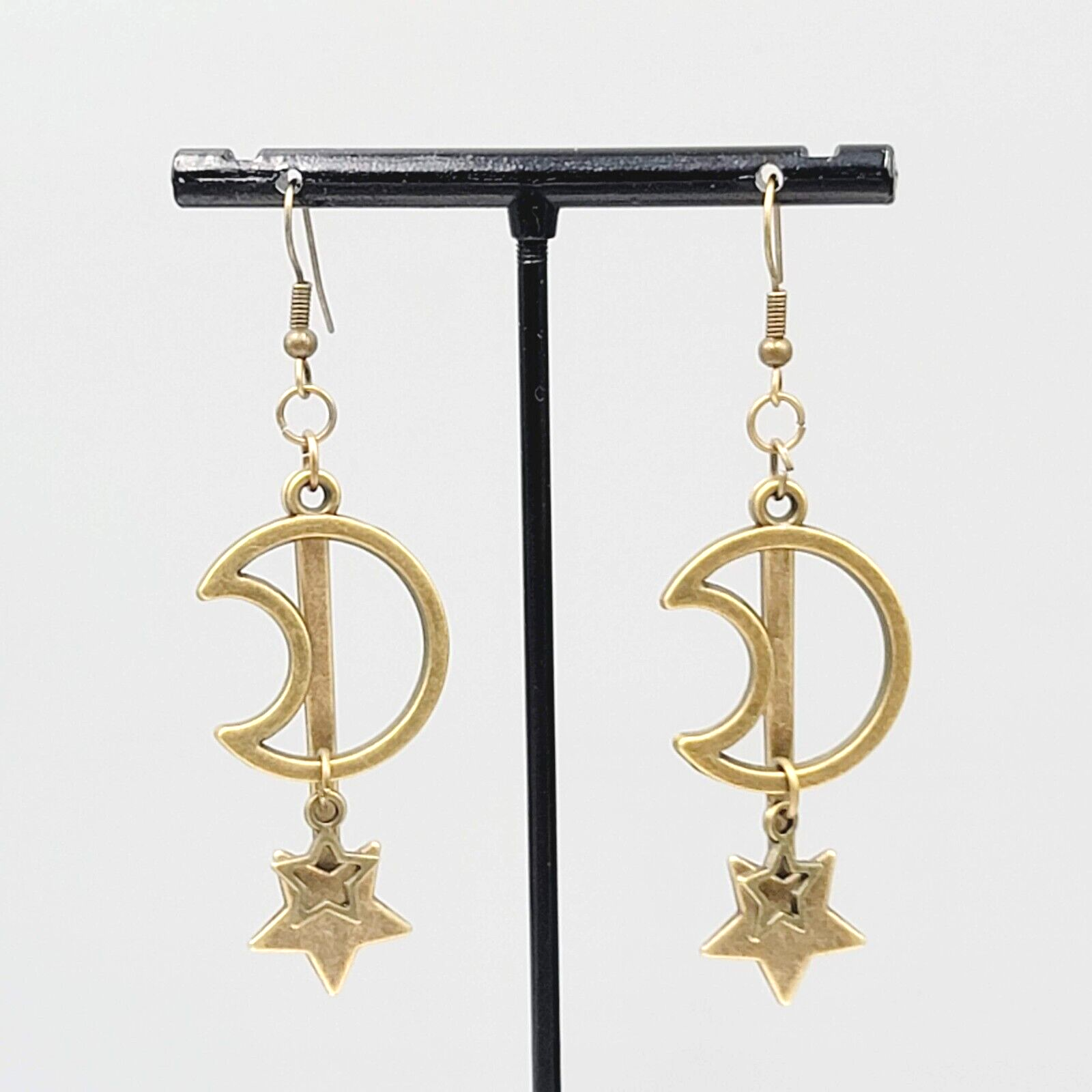 Open Work Moon Dangle Stars Pierced Earrings Bronze tone 2"