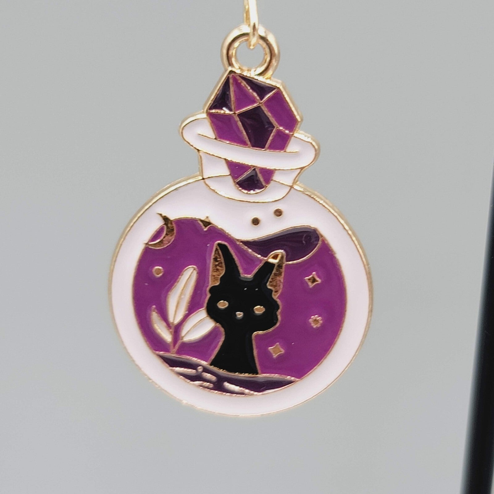 Potion Black Cat Pierced Earrings Enamel Gold tone Dangle New 1 1/8"