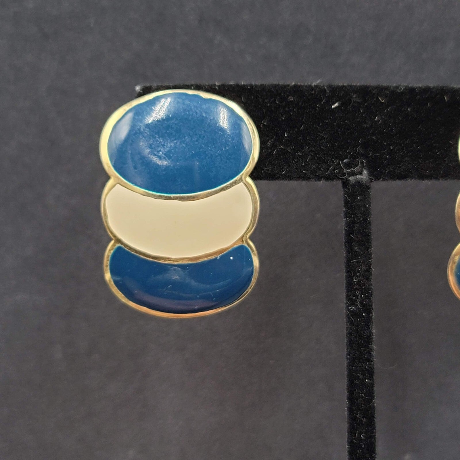 Vintage Pierced Earrings Navy Cream Enamel Drop 80's 1 3/8"