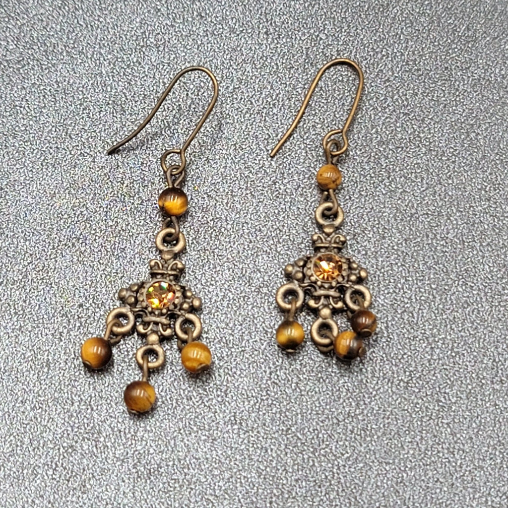 Pierced Earrings Bronze tone Tigers Eye Bead Orange Rhinestone Dangle 1.25"