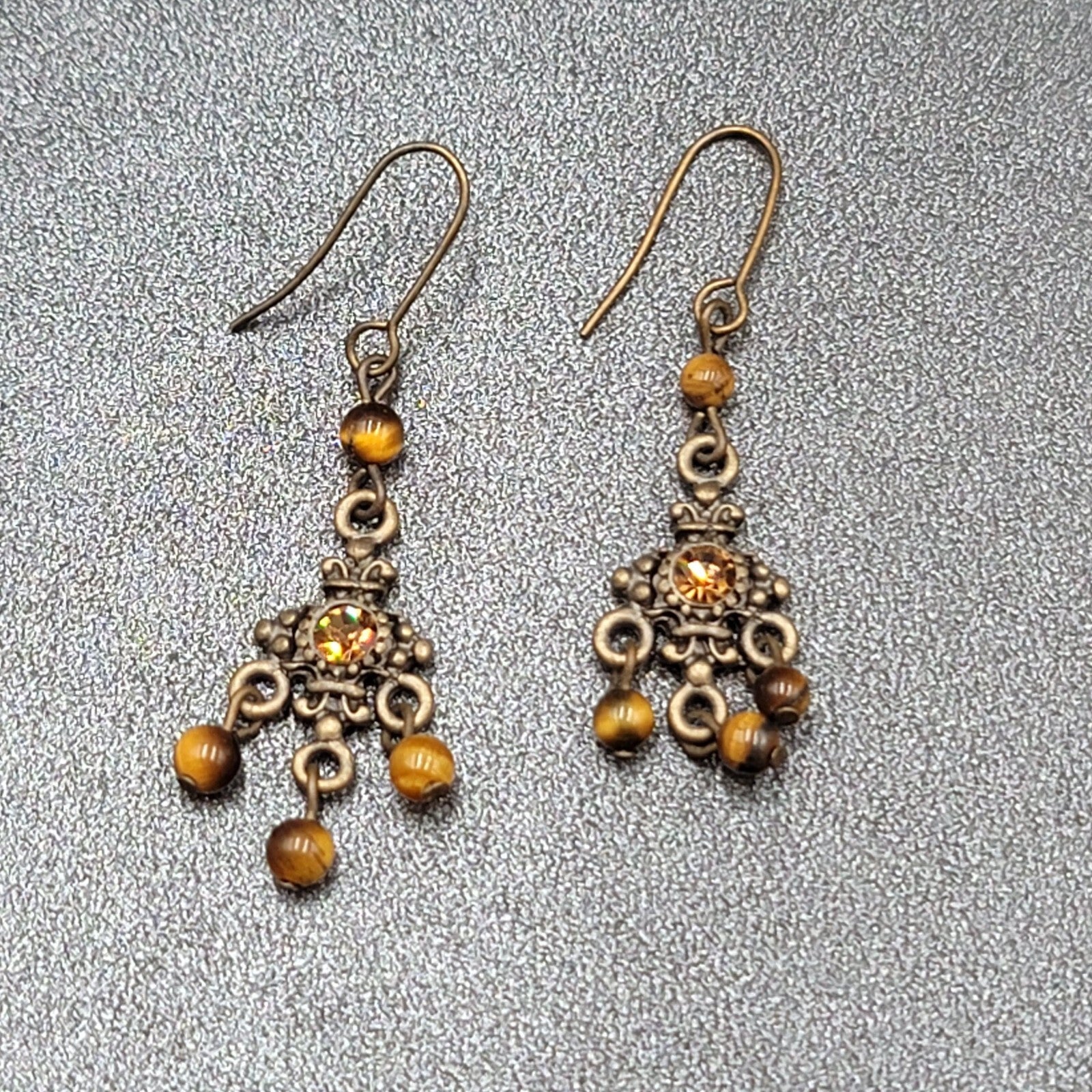 Pierced Earrings Bronze tone Tigers Eye Bead Orange Rhinestone Dangle 1.25"