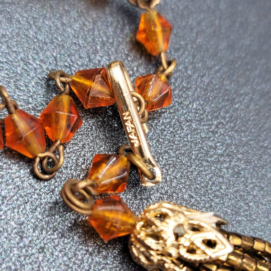 Vtg Japan Orange Glass Beaded Gold Tone Filigree 13 Strand Necklace 13.5"-16"