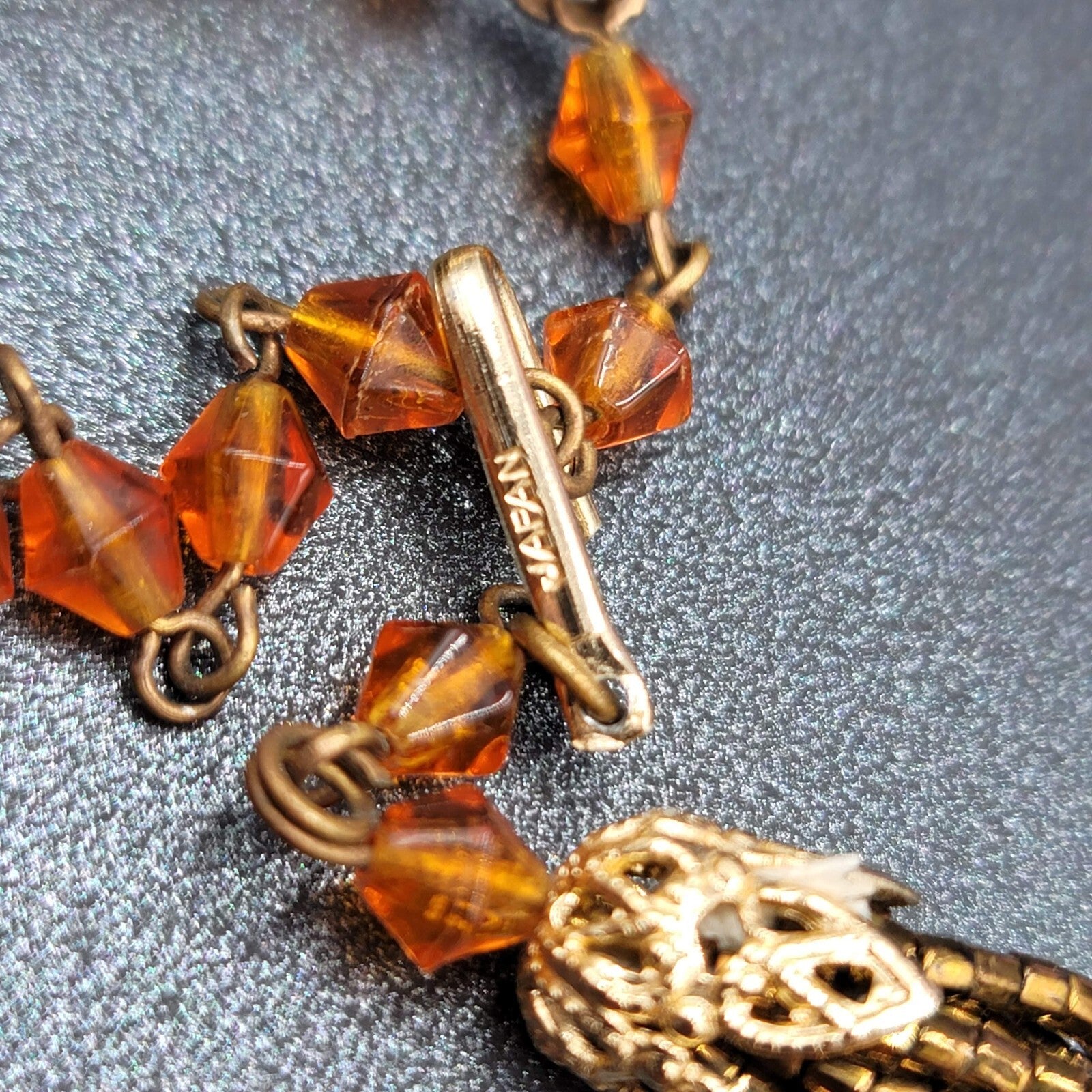 Vtg Japan Orange Glass Beaded Gold Tone Filigree 13 Strand Necklace 13.5"-16"