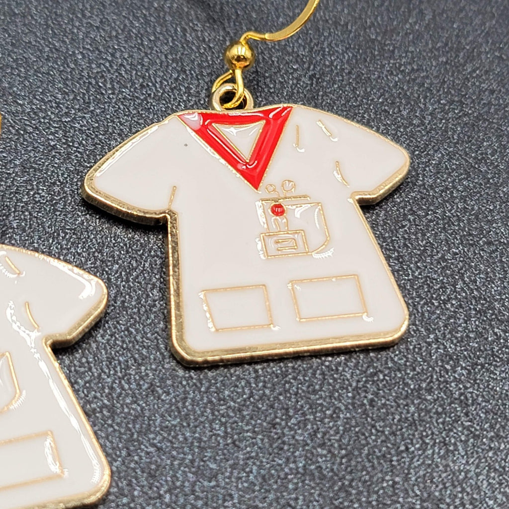 Nurse Scrub Top Pierced Earrings Red White Enamel Gold tone Dangle 1"