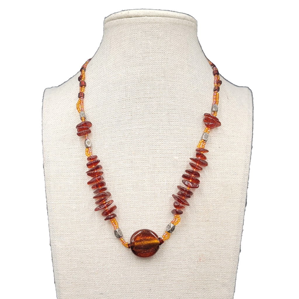 Amber and Glass Beaded Pendant Necklace Boho 18"