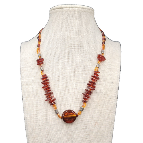 Amber and Glass Beaded Pendant Necklace Boho 18"
