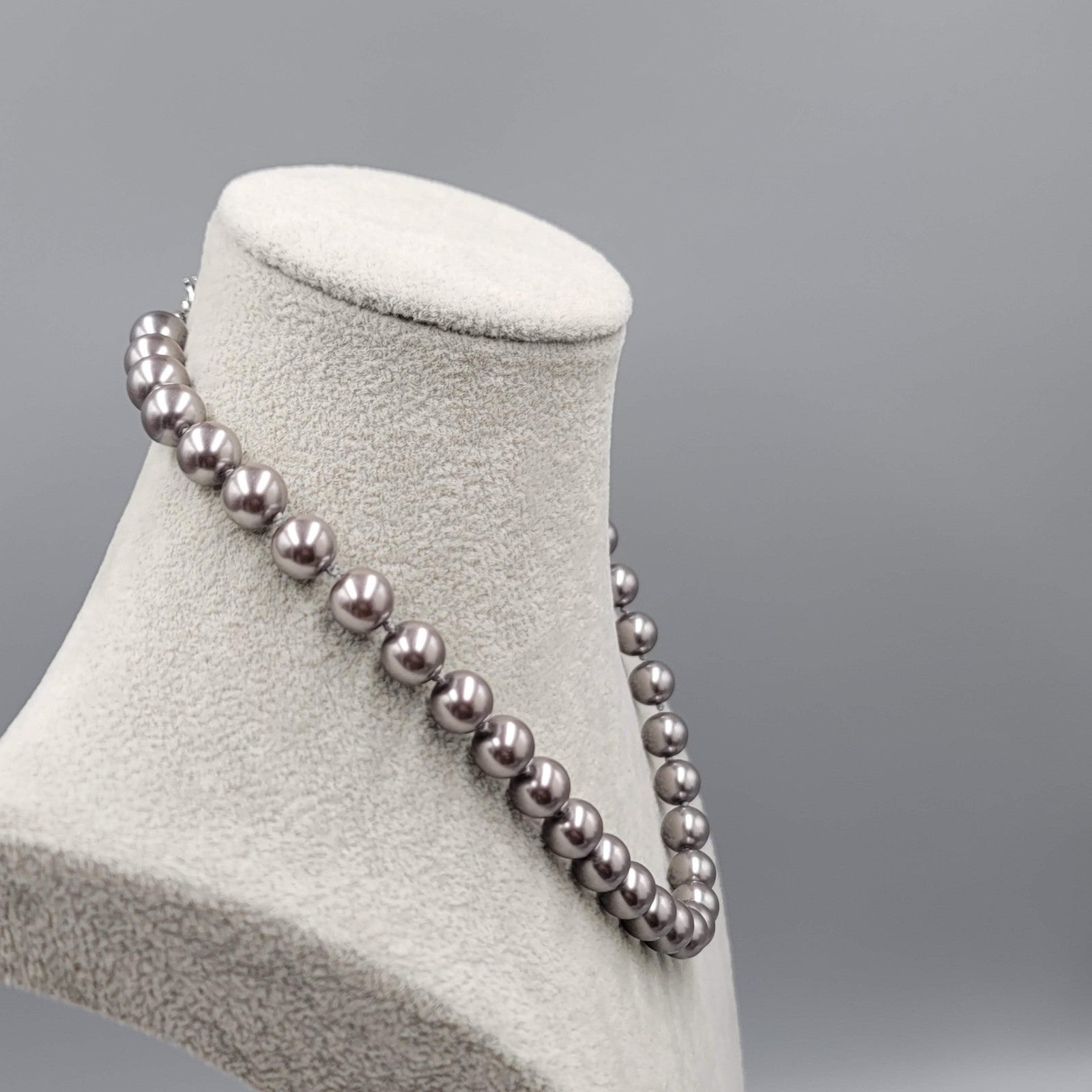 Gray Faux Pearl Necklace Hand Knotted Silver tone Elegant Holiday 16"-18"