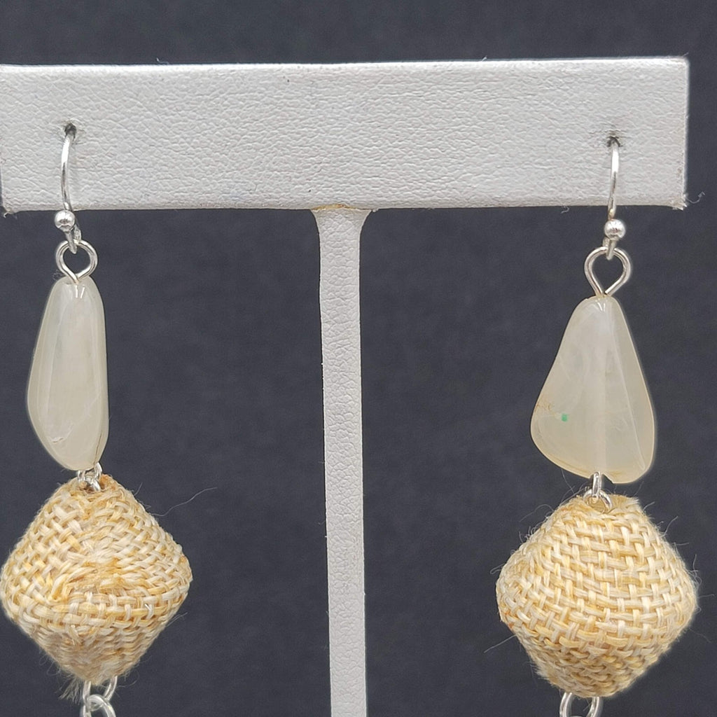 Boho Pierced Earrings Silver tone Acrylic Bead Canvas Dangle 3"