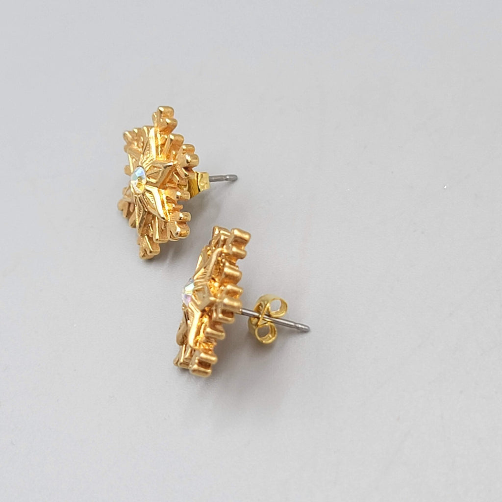 Snowflake Pierced Earrings Gold tone AB Crystal Studs 5/8"