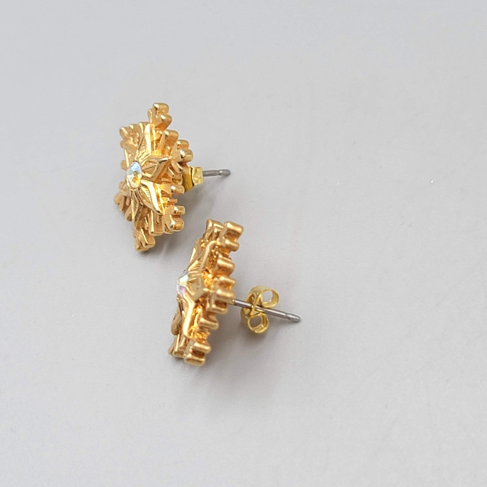 Snowflake Pierced Earrings Gold tone AB Crystal Studs 5/8"
