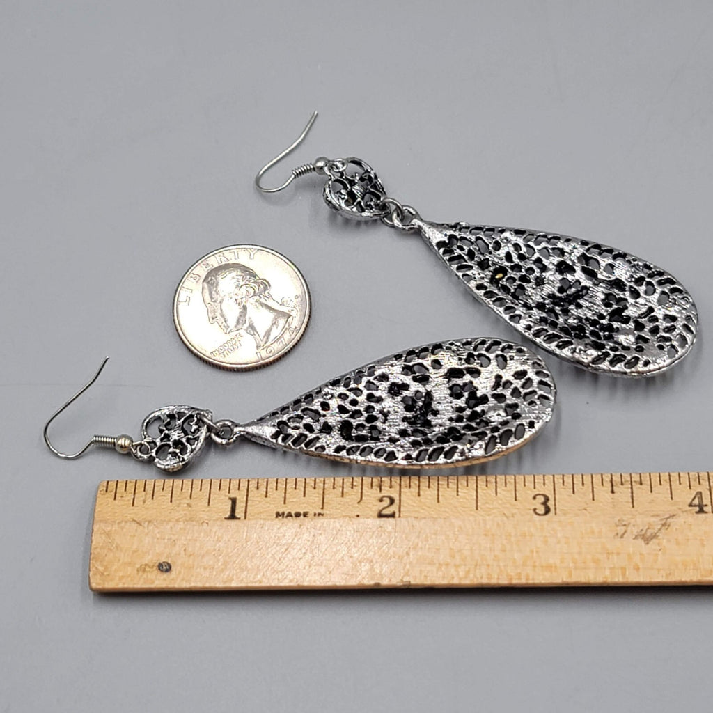 Heart Rhinestone Pierced Earrings Oxidized Silver tone Dangle Long 2.75"