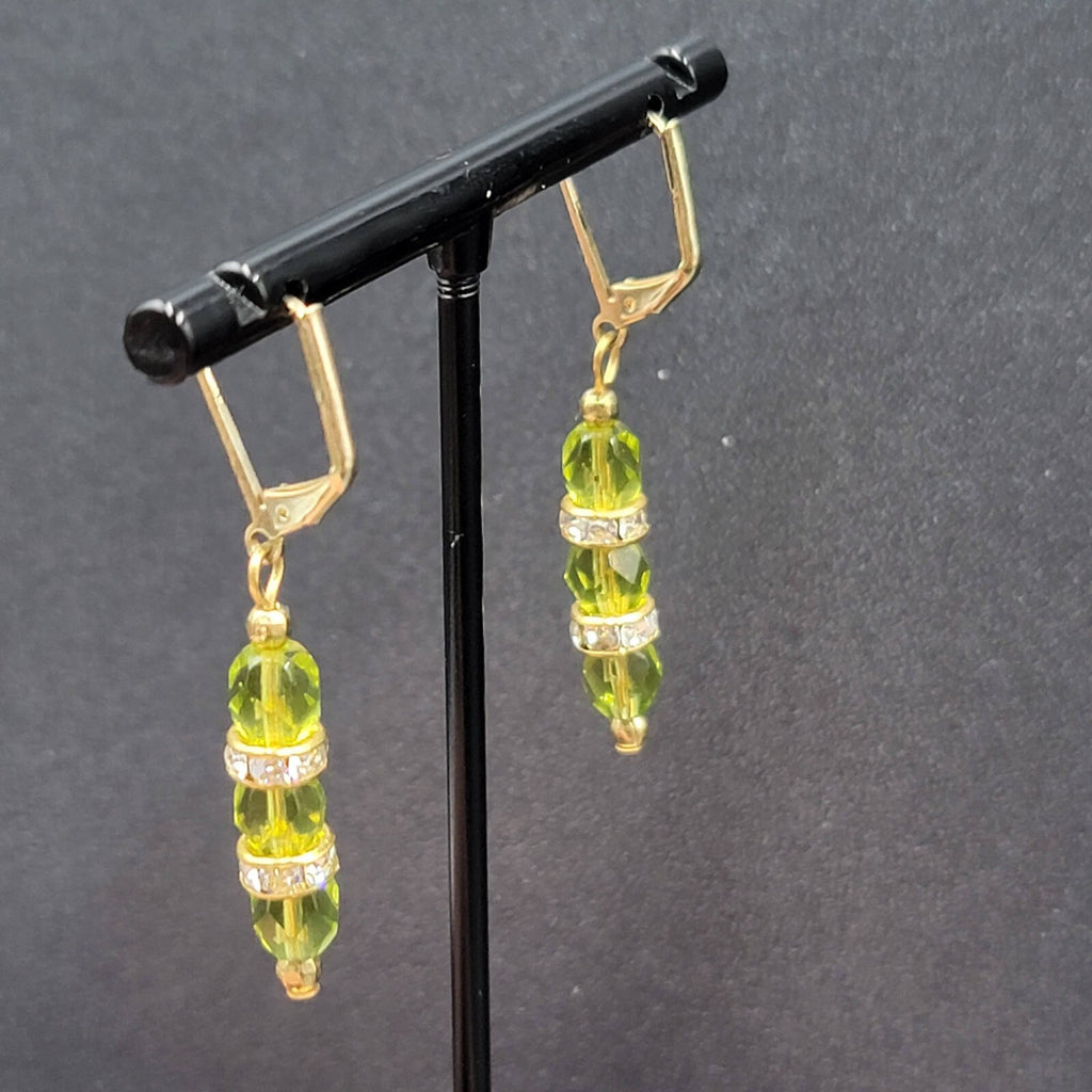 Pierced Earrings Green Faceted Bead Rhinestone Spacers Dangle 1.25"
