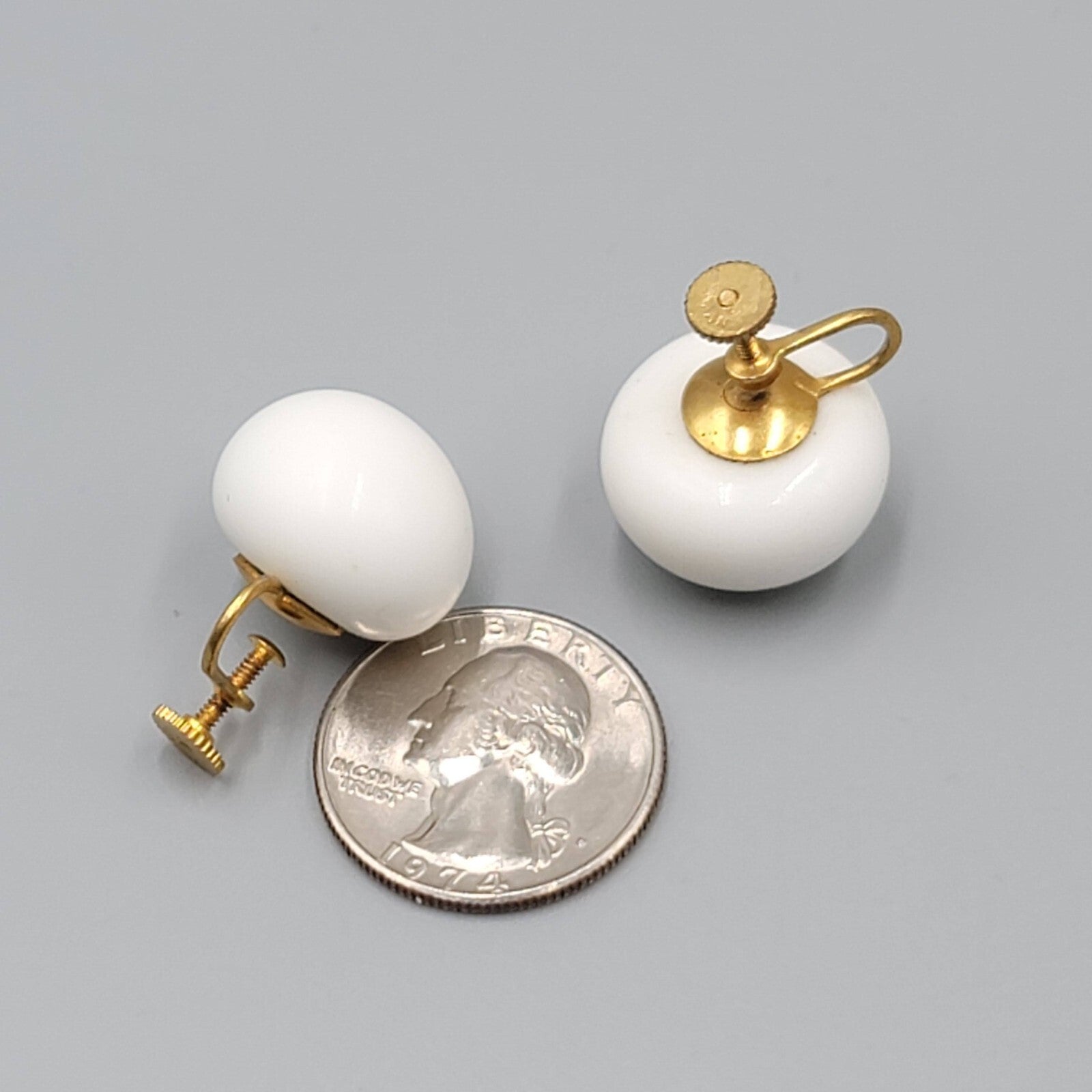 Vintage Japan White Dome Clip on Earrings 3/4" Heavy Glass or Ceramic Screw Back
