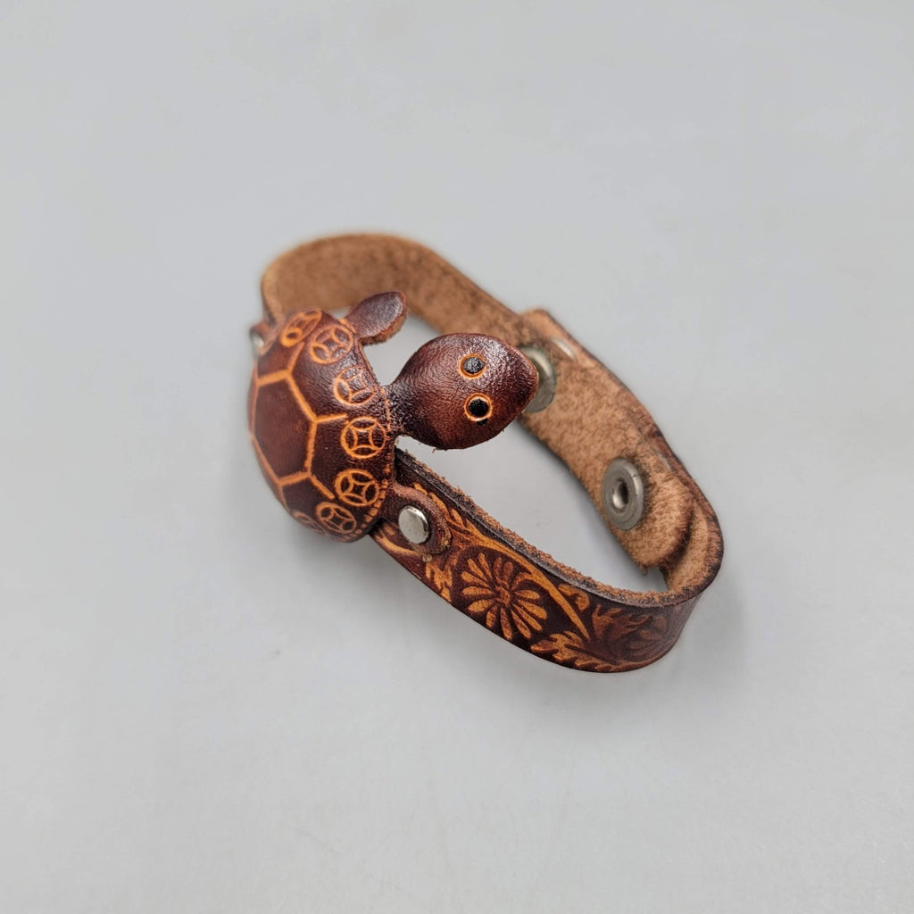Brown Leather Sea Turtle Bracelet Engraved Snap Closure Small