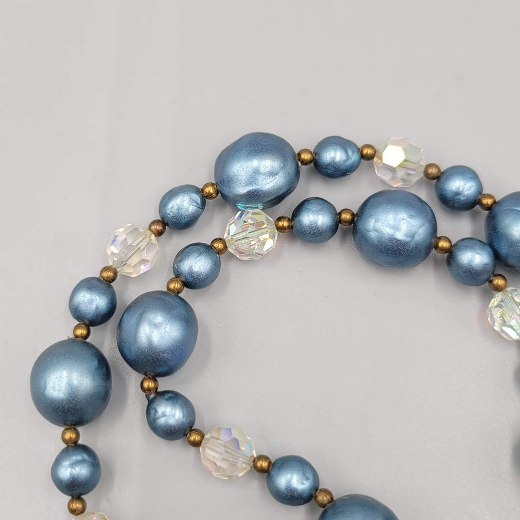 Vintage Faux Pearl Bead Necklace 24" Crystal Aurora Borealis Dangle Gold Tone