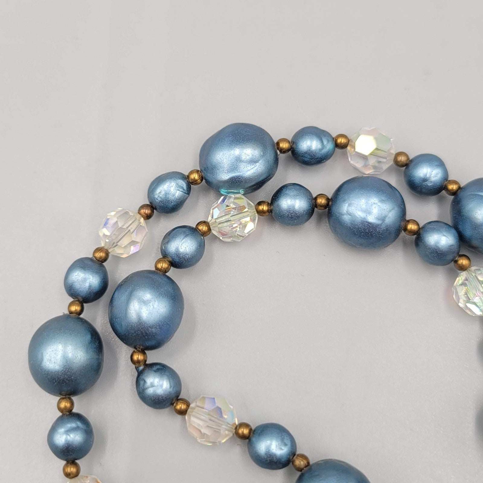 Vintage Faux Pearl Bead Necklace 24" Crystal Aurora Borealis Dangle Gold Tone