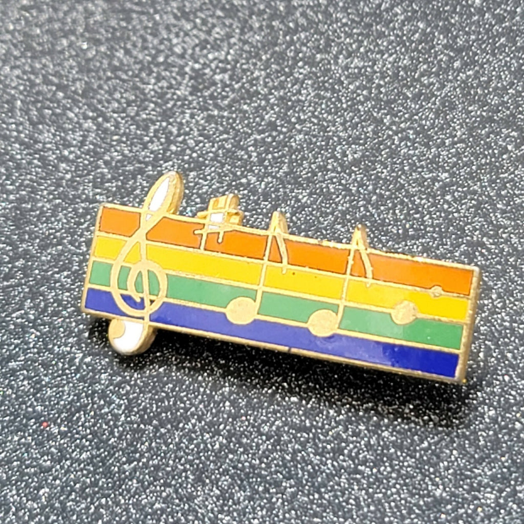 Rainbow Music Staff Enamel Lapel Pin Treble Clef Eighth Notes 1 1/8"