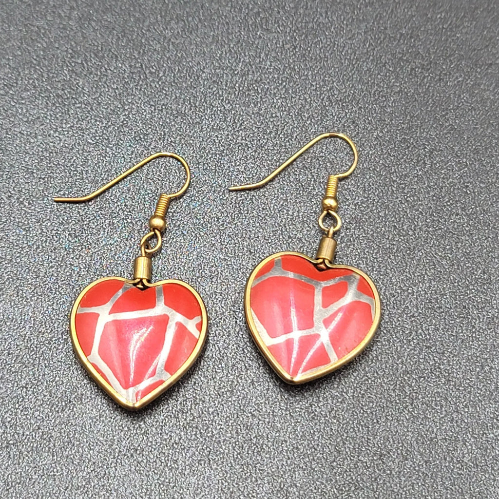 Vintage Pierced Earrings Gold toen Red Heart Dangle 1 1/8"