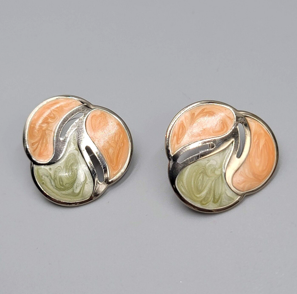 Vintage Pierced Earrings Silver tone Peach Sage Green Enamel Drop 1"