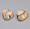 Vintage Pierced Earrings Silver tone Peach Sage Green Enamel Drop 1"
