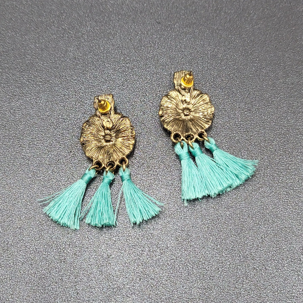 Pierced Earrings Gold tone Blue Rhinestone Tassel 2"