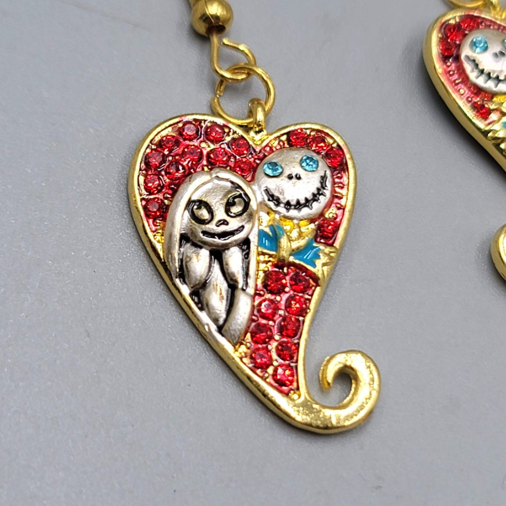 Red Heart Jack Sally Pierced Earrings Gold tone Dangle  1 1/8"