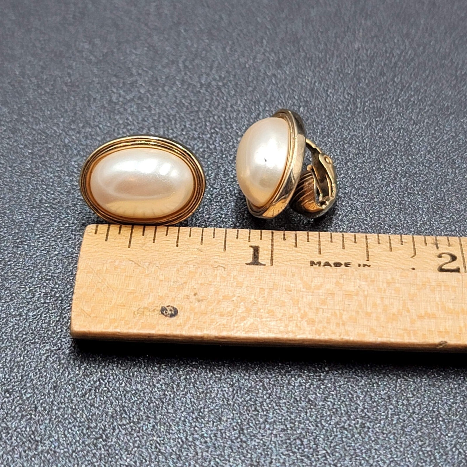 Vintage Avon Clip on Earrings Gold tone Oval White Cabochon Studs 5/8"
